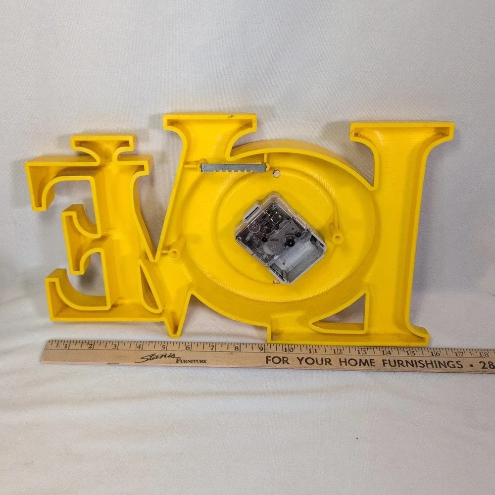 Vintage Love Yellow Plastic Wall Clock 8x16in Hippie Retro Made In USA
